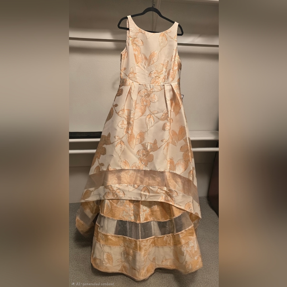 Adrianna Papell Ivory Dress with Peach Floral Jacquard High-Low Hem